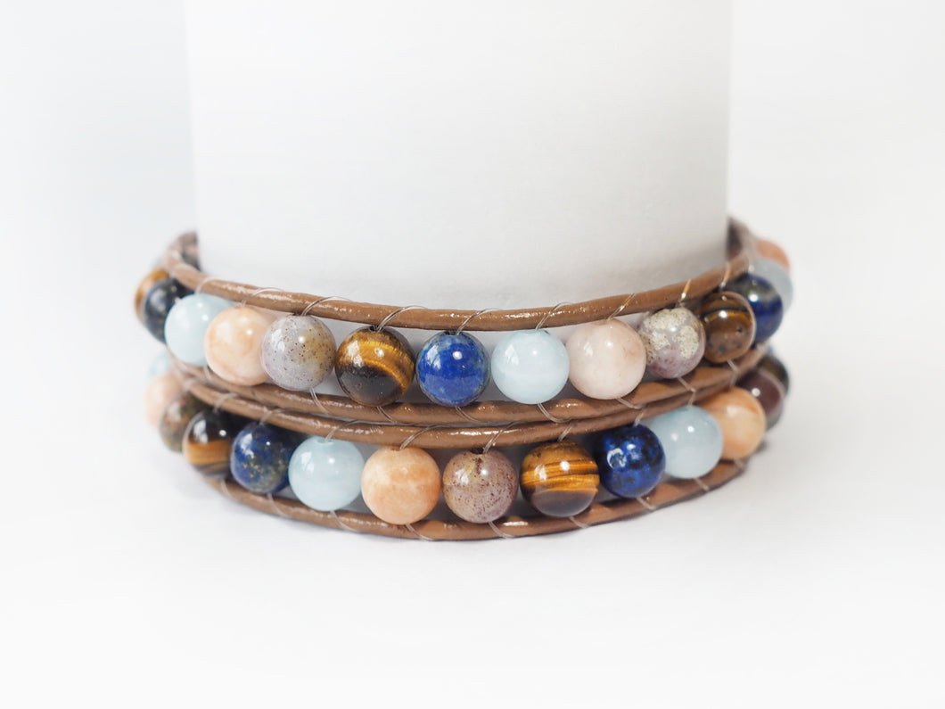 WH2-002 Natural Stone with Leather Cord 2 Rounds Bracelet