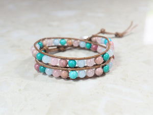 WH2-005 Natural Stone with Leather Cord 2 Rounds Bracelet