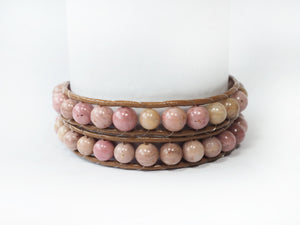 WH2-007 Natural Stone  Rhodochrosite with Leather Cord 2 Rounds Bracelet