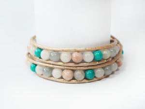 WH2-009 Natural Stone with Leather Cord 2 Rounds Bracelet