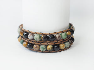 WH2-012 Natural Stone with Leather Cord 2 Rounds Bracelet