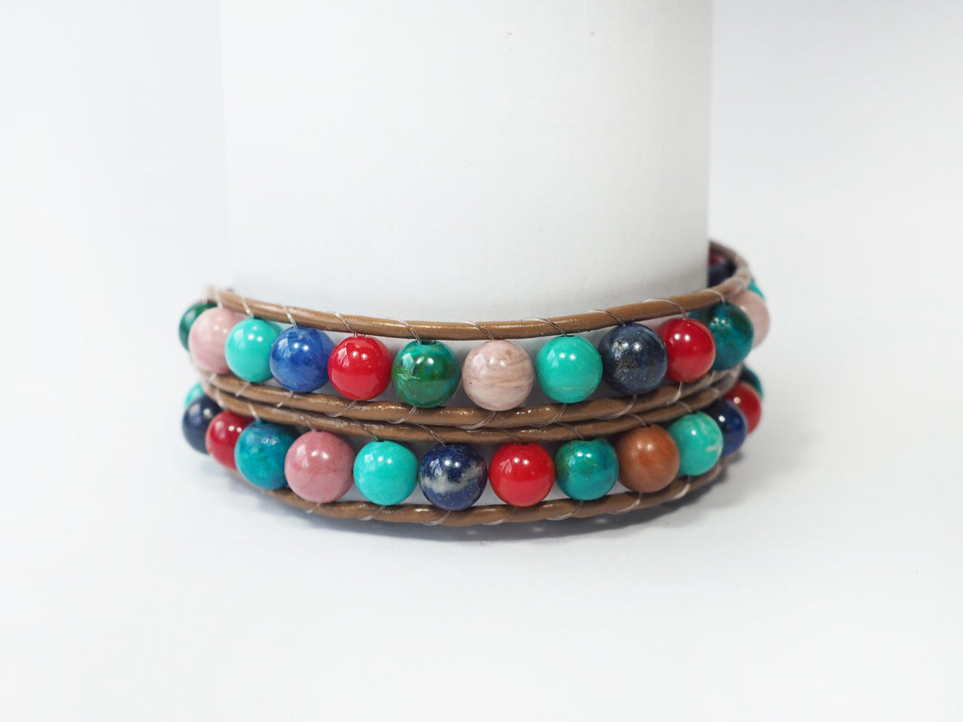 WH2-013 Natural Stone with Leather Cord 2 Rounds Bracelet