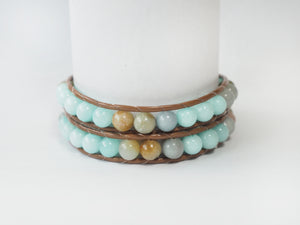 WH2-015 Natural Stone with Leather Cord 2 Rounds Bracelet