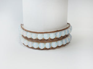 WH2-016 Natural Stone Moonstone with Leather Cord 2 Rounds Bracelet