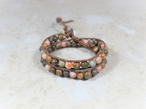 WH2-017 Natural Stone with Leather Cord 2 Rounds Bracelet
