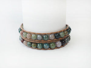 WH2-018 Natural Stone Jade 5 Colors with Leather Cord 2 Rounds Bracelet
