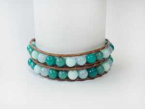WH2-020 Natural Stone Amazonite with Leather Cord 2 Rounds Bracelet
