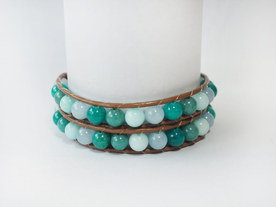 WH2-020 Natural Stone Amazonite with Leather Cord 2 Rounds Bracelet