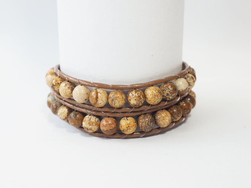 WH2-021 Natural Stone Jasper with Leather Cord 2 Rounds Bracelet