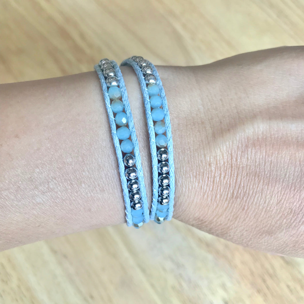 W2-013 Milky blue crystal 2 rounds wrap bracelet