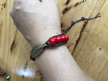 Load image into Gallery viewer, WF-002 Red Coral and Brass Feather Bracelet
