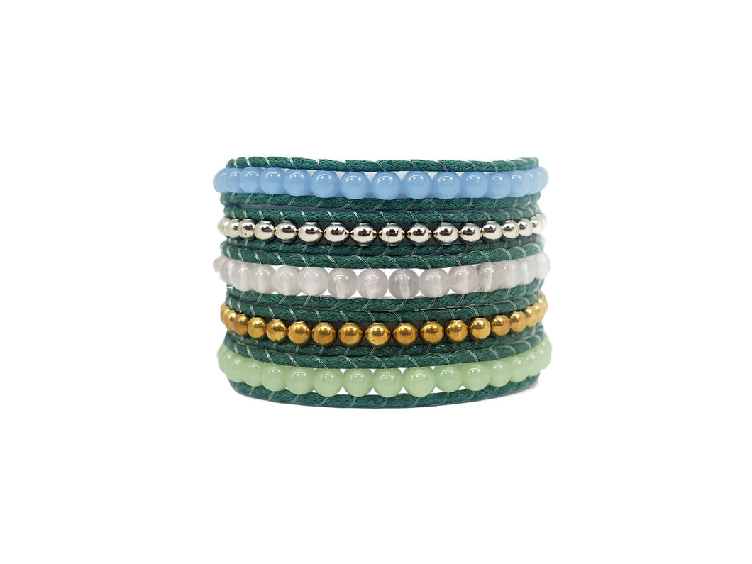 W5-145 Green and white 5 rounds wrap bracelet