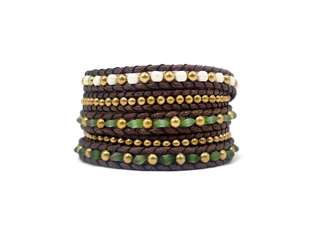 W5-146 Green and white 5 rounds wrap bracelet