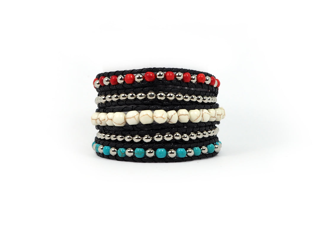 W5-181 Turquoisei,Coral and Howlite 5 rounds wrap bracelet