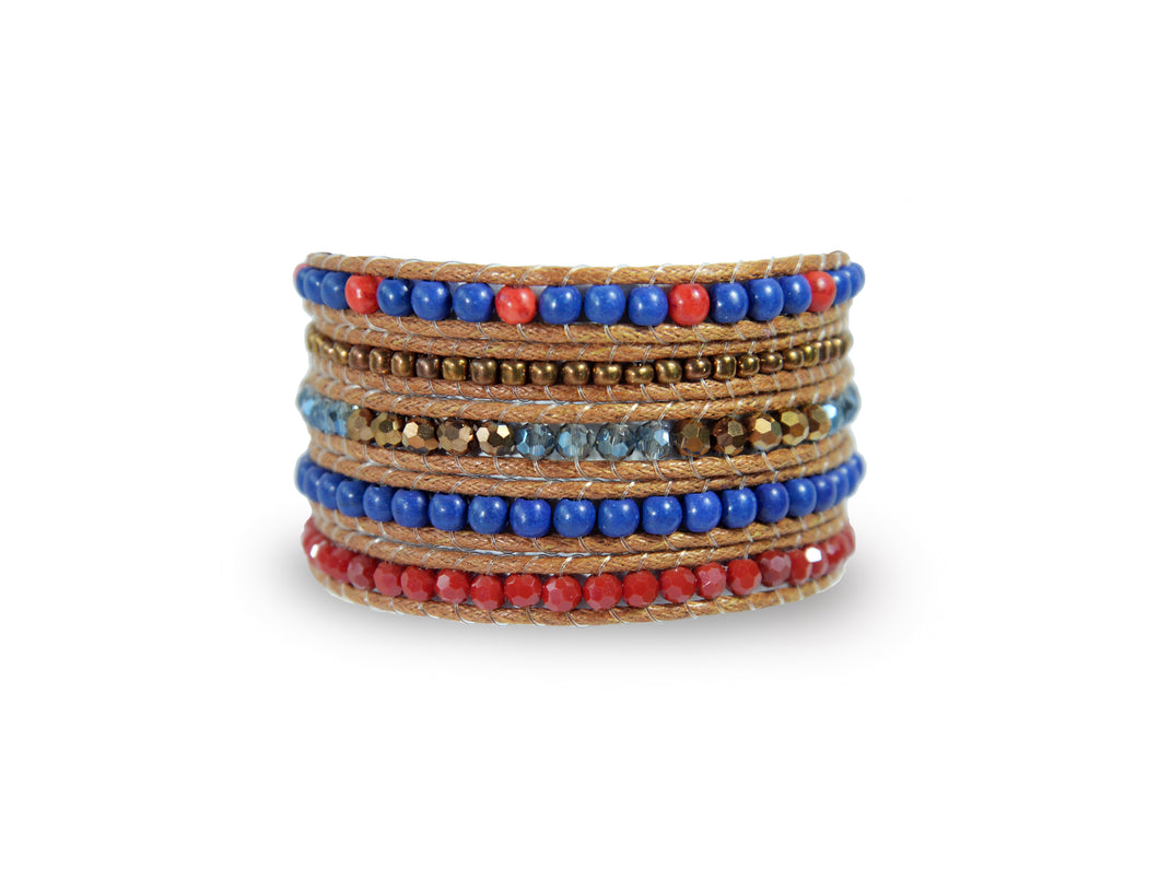 W5-192 Blue and Red bead 5 rounds wrap bracelet