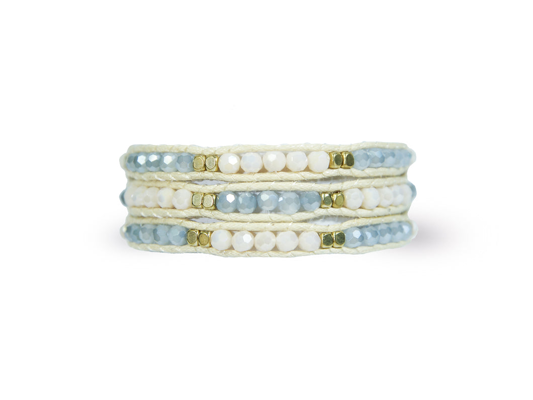 W3-052 Cream & blue crystal 3 rounds wrap bracelet