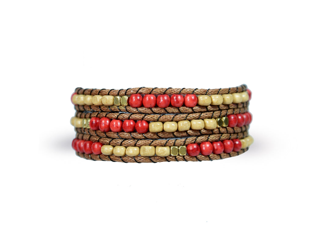 W3-063 Coral and wood 3 rounds wrap bracelet