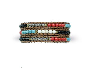 W3-066 Turquoise,coral,howlite 3 rounds wrap bracelet