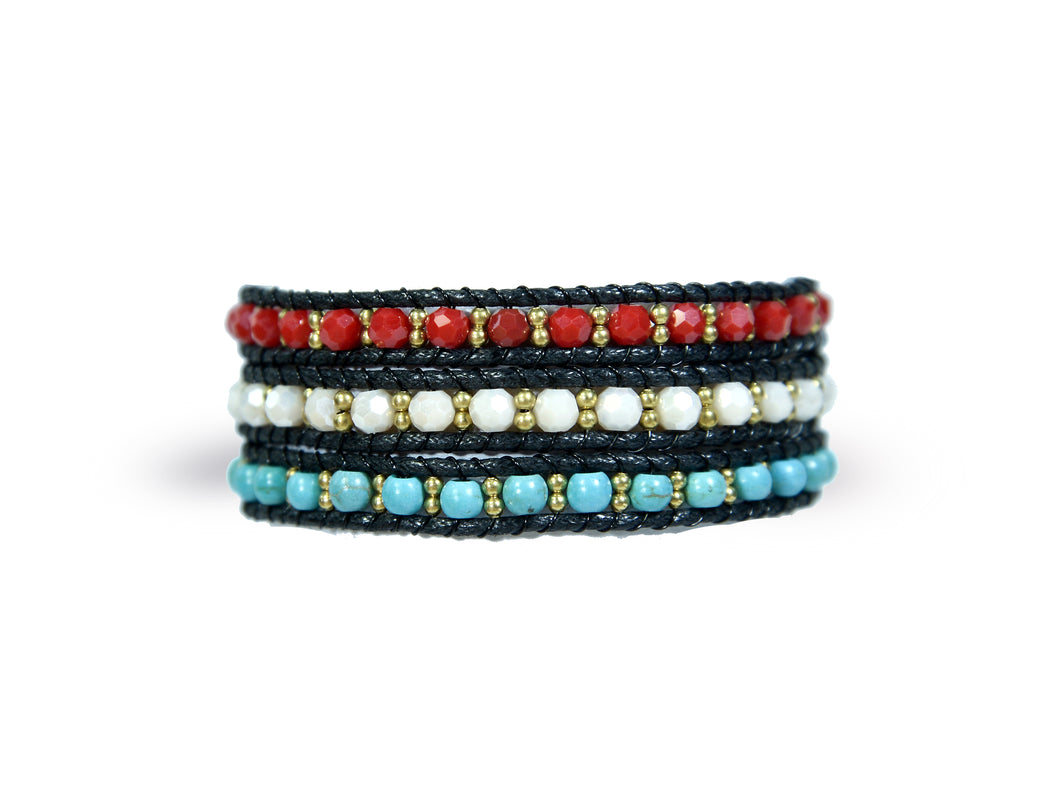W3-075 Turquoise,Coral,Howlite 3 rounds wrap bracelet