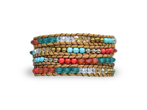W4-009 Turquoise,Coral,Howlite 4 Round Wrap Bracelet