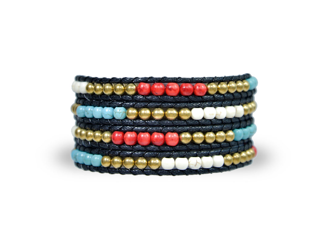 W4-019 Turquoise,Coral,Howlite 4 Rounds wrap bracelet