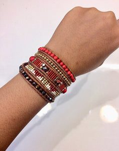 W5-346 Coral and Cryatal  5 rounds wrap Bracelet