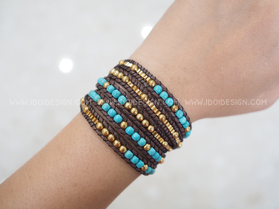 W5-290 Turquoise and Brass  5 rounds wrap Bracelet