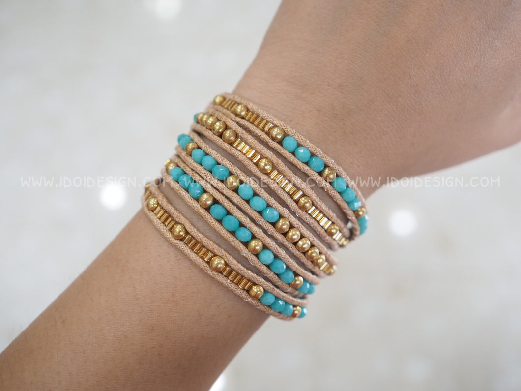 W5-291 Turquoise and Brass  5 rounds wrap Bracelet