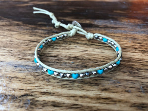 W1-027 Turquoise and Crystal 1 round wrap bracelet