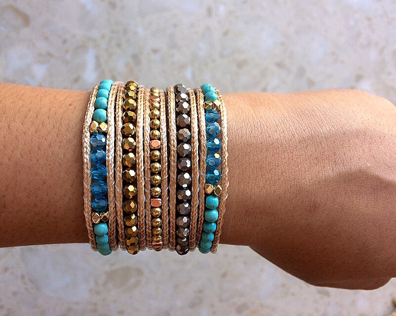 W5-333  Turquoise and Crystal 5 rounds wrap Bracelet