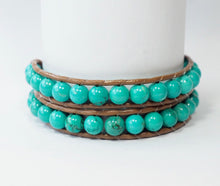 Load image into Gallery viewer, WH2-004 Natural Stone Turquoise with Leather Cord 2 Rounds Bracelet
