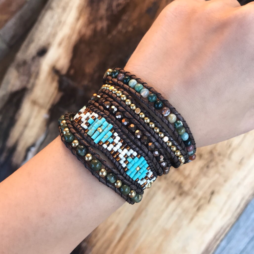 W5-341 Jade and Turquoise   5 rounds wrap Bracelet