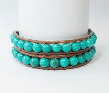 Load image into Gallery viewer, WH2-004 Natural Stone Turquoise with Leather Cord 2 Rounds Bracelet
