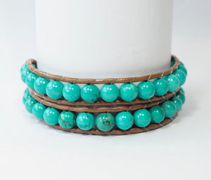 WH2-004 Natural Stone Turquoise with Leather Cord 2 Rounds Bracelet