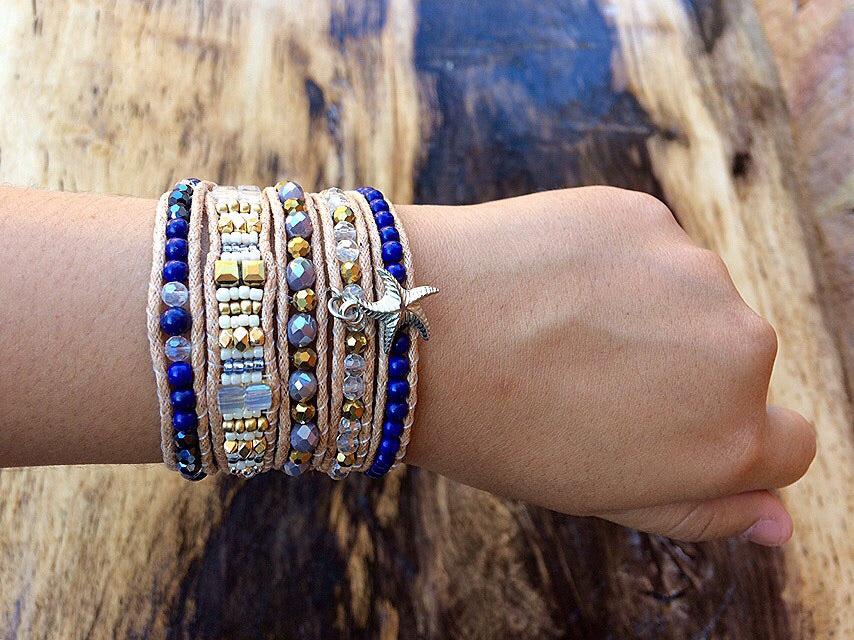 W5-337 and Lapis Lazuli and Crystal 5 rounds wrap Bracelet