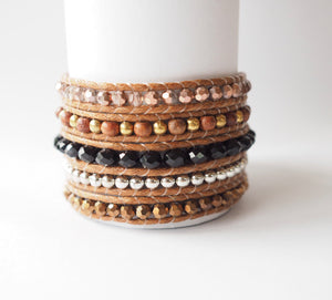 W5-249 Crystal and Wood 5 rounds wrap Bracelet