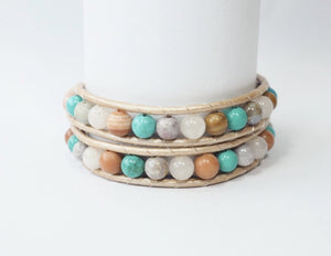 WH2-001 Natural Stone with Leather Cord 2 Rounds Bracelet
