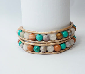 WH2-001 Natural Stone with Leather Cord 2 Rounds Bracelet